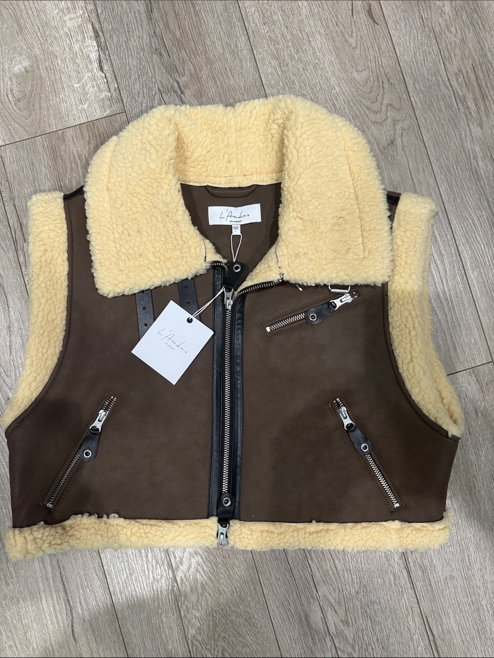 L'AGENCE Brown Suede Shearling-Trim Crop Vest with Cream Lining